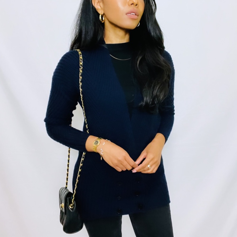 Diane Von Furstenberg | Navy 100% Wool Double Breasted V Neck Long Cardigan